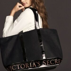 Victoria’s Secret large mesh black weekender tote bag, Rose Gold accent